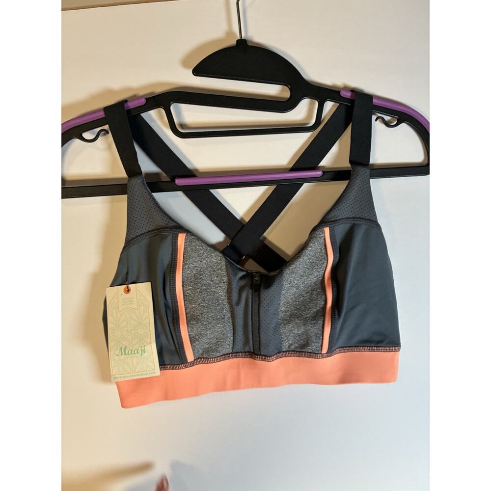 NWT Maaji Reversible Sports Bra Womens Medium Gray Coral Strappy Zip Front Mesh